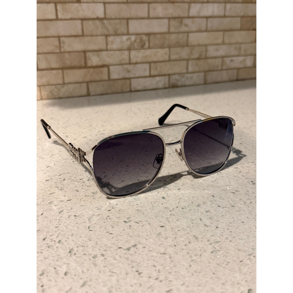 u Miu MU 54ZS Silver Aviator Sunglasses Metal Rimless MU54ZS Logo Authentic